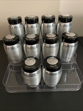 MCM 1950’s Kromex Brushed Aluminum Spice Jar Set with Black Lids - 10 Pieces